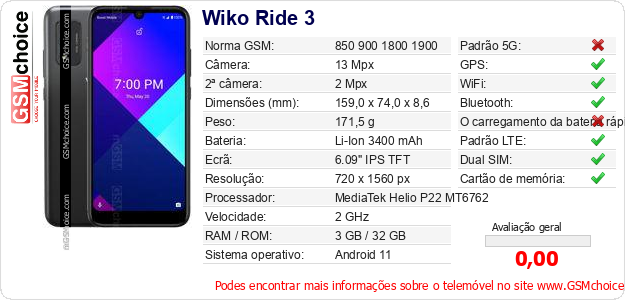 Wiko Ride 3 Especificações técnicas do telemóvel 