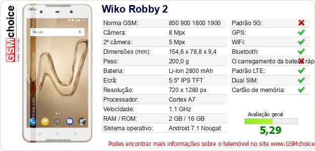 Wiko Robby 2 Especificações técnicas do telemóvel Wiko Robby 2 Especificações técnicas do telemóvel