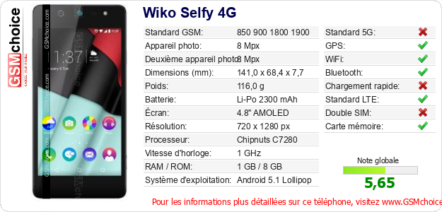 Wiko Selfy 4G Fiche technique Wiko Selfy 4G Fiche technique