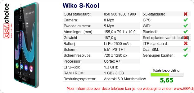 Wiko S-Kool Technische gegevens Wiko S-Kool Technische gegevens