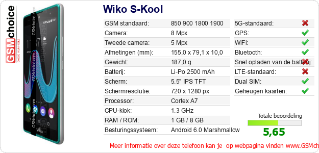 Wiko S-Kool Technische gegevens 