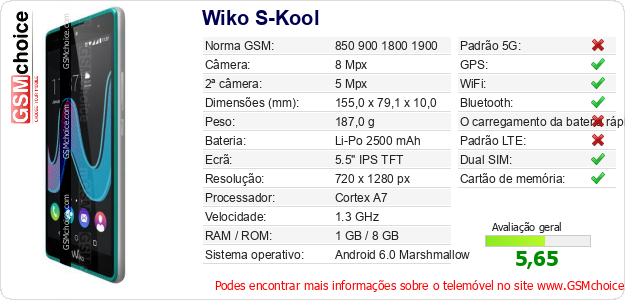 Wiko S-Kool Especificações técnicas do telemóvel Wiko S-Kool Especificações técnicas do telemóvel