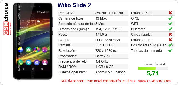 Wiko Slide 2 Datos técnicos del móvil 