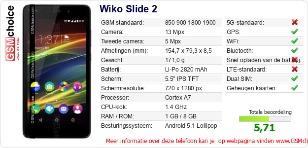 Wiko Slide 2 Technische gegevens Wiko Slide 2 Technische gegevens