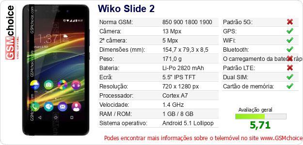 Wiko Slide 2 Especificações técnicas do telemóvel Wiko Slide 2 Especificações técnicas do telemóvel