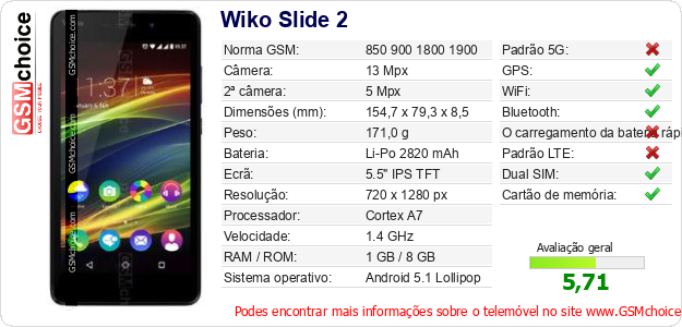 Wiko Slide 2 Especificações técnicas do telemóvel 