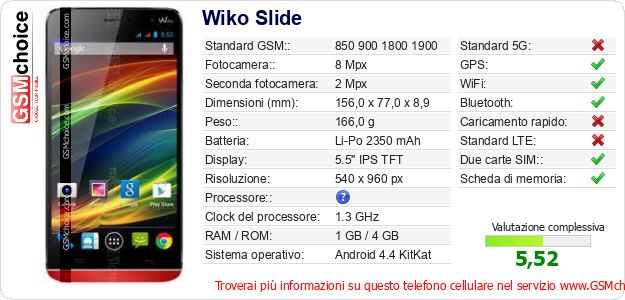Wiko Slide Dati tecnici di telefono cellulare 