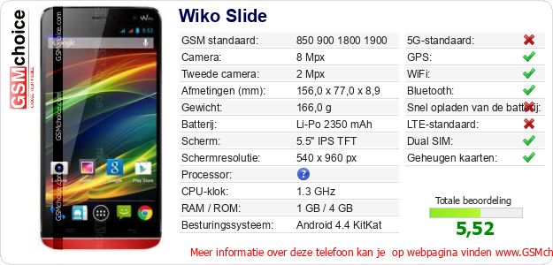 Wiko Slide Technische gegevens Wiko Slide Technische gegevens