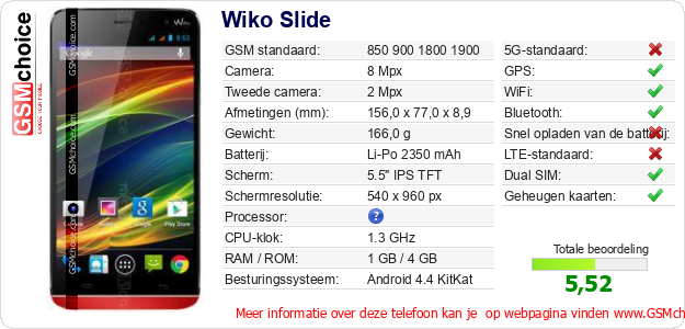 Wiko Slide Technische gegevens 