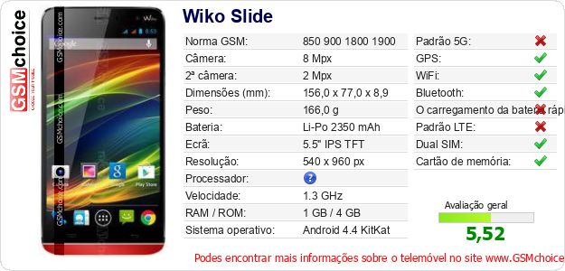 Wiko Slide Especificações técnicas do telemóvel 