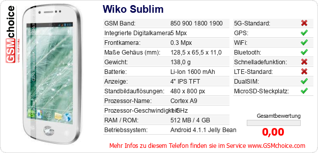Wiko Sublim technische Daten Wiko Sublim technische Daten