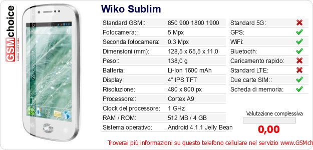 Wiko Sublim Dati tecnici di telefono cellulare Wiko Sublim Dati tecnici di telefono cellulare