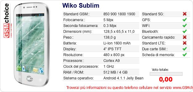 Wiko Sublim Dati tecnici di telefono cellulare Wiko Sublim Dati tecnici di telefono cellulare