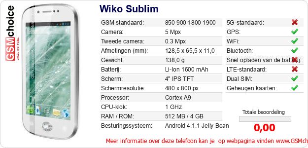 Wiko Sublim Technische gegevens Wiko Sublim Technische gegevens