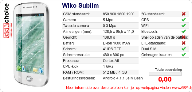 Wiko Sublim Technische gegevens Wiko Sublim Technische gegevens