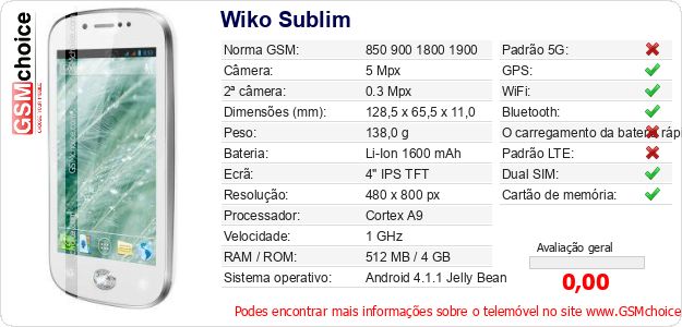Wiko Sublim Especificações técnicas do telemóvel Wiko Sublim Especificações técnicas do telemóvel