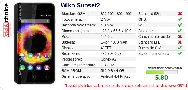 Wiko Sunset2 Dati tecnici di telefono cellulare Wiko Sunset2 Dati tecnici di telefono cellulare