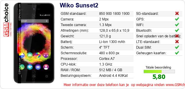 Wiko Sunset2 Technische gegevens Wiko Sunset2 Technische gegevens