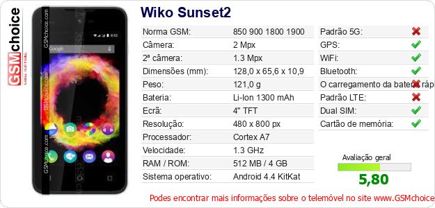 Wiko Sunset2 Especificações técnicas do telemóvel Wiko Sunset2 Especificações técnicas do telemóvel