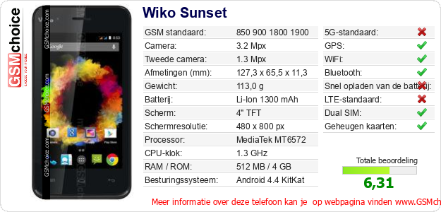 Wiko Sunset Technische gegevens 