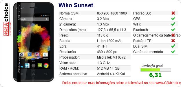 Wiko Sunset Especificações técnicas do telemóvel Wiko Sunset Especificações técnicas do telemóvel