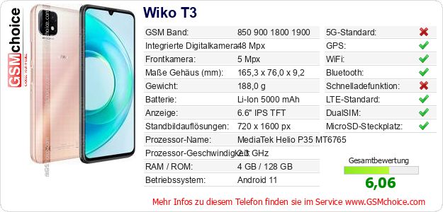 Wiko T3 technische Daten Wiko T3 technische Daten