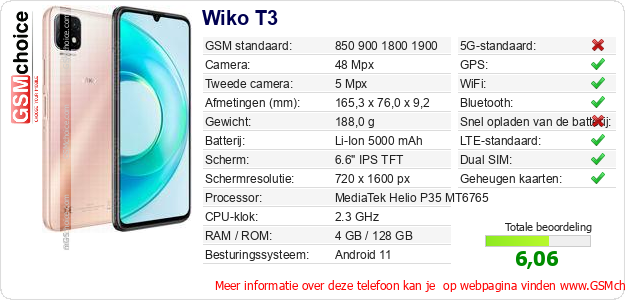 Wiko T3 Technische gegevens 