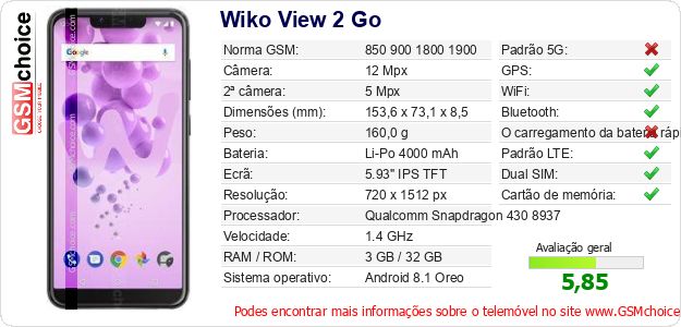 Wiko View 2 Go Especificações técnicas do telemóvel Wiko View 2 Go Especificações técnicas do telemóvel