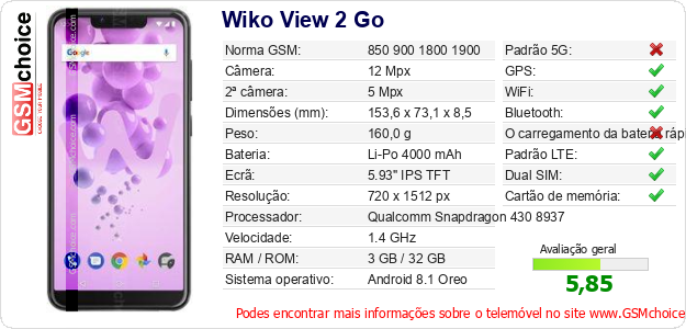 Wiko View 2 Go Especificações técnicas do telemóvel 