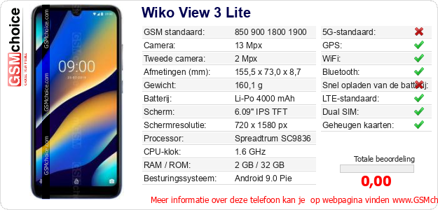 Wiko View 3 Lite Technische gegevens 