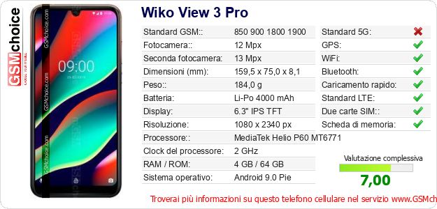 Wiko View 3 Pro Dati tecnici di telefono cellulare Wiko View 3 Pro Dati tecnici di telefono cellulare