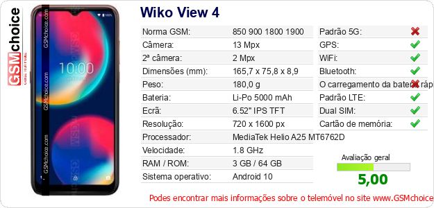 Wiko View 4 Especificações técnicas do telemóvel Wiko View 4 Especificações técnicas do telemóvel
