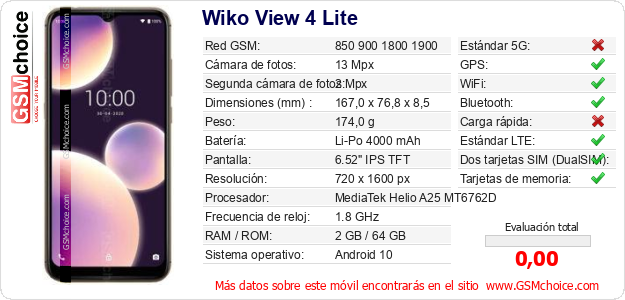 Wiko View 4 Lite Datos técnicos del móvil 