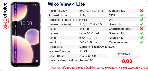 Wiko View 4 Lite Fiche technique Wiko View 4 Lite Fiche technique