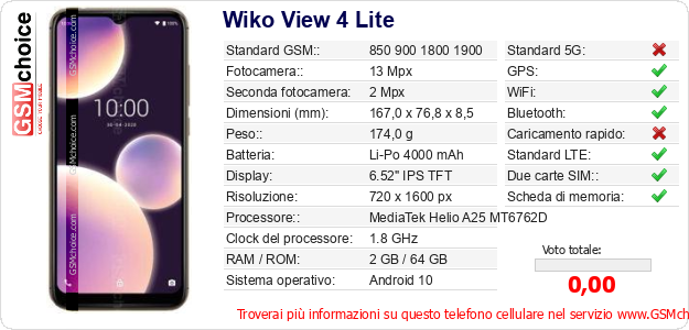 Wiko View 4 Lite Dati tecnici di telefono cellulare 