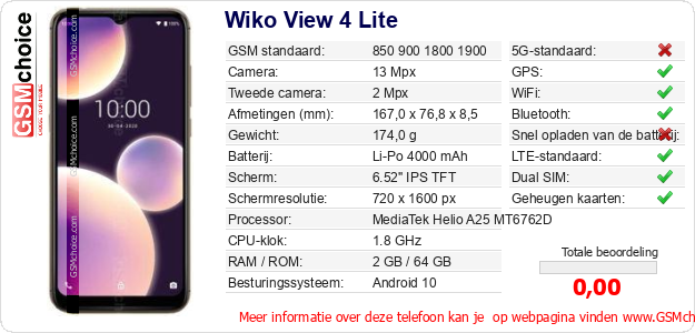 Wiko View 4 Lite Technische gegevens 