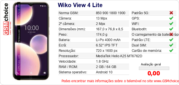 Wiko View 4 Lite Especificações técnicas do telemóvel Wiko View 4 Lite Especificações técnicas do telemóvel