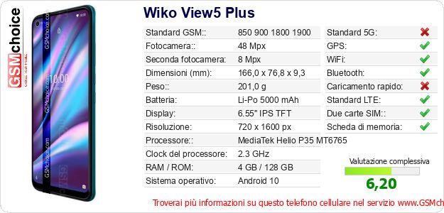 Wiko View5 Plus Dati tecnici di telefono cellulare 