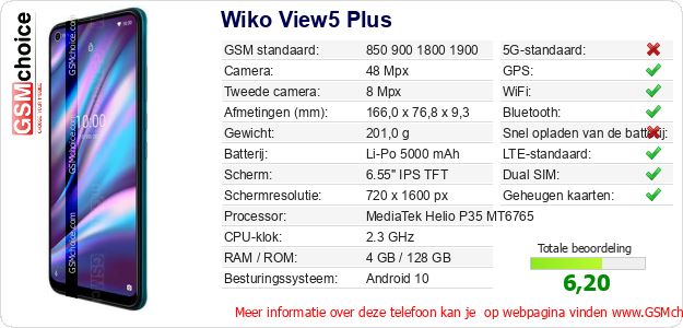 Wiko View5 Plus Technische gegevens Wiko View5 Plus Technische gegevens