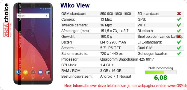 Wiko View Technische gegevens Wiko View Technische gegevens