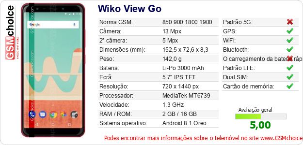 Wiko View Go Especificações técnicas do telemóvel 