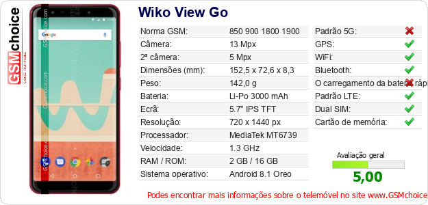 Wiko View Go Especificações técnicas do telemóvel 