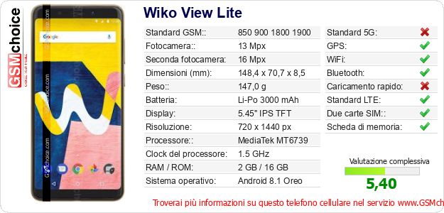 Wiko View Lite Dati tecnici di telefono cellulare Wiko View Lite Dati tecnici di telefono cellulare