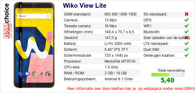 Wiko View Lite Technische gegevens 