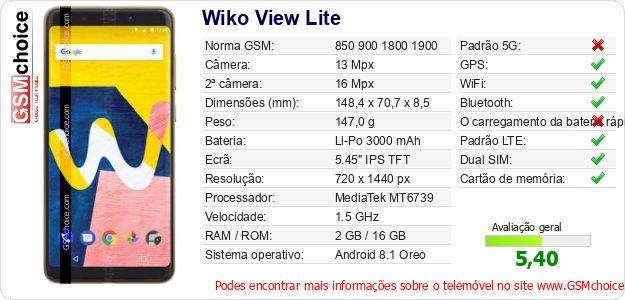Wiko View Lite Especificações técnicas do telemóvel 