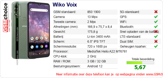Wiko Voix Technische gegevens 