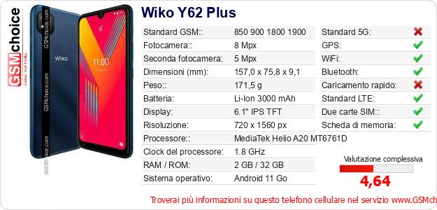Wiko Y62 Plus Dati tecnici di telefono cellulare Wiko Y62 Plus Dati tecnici di telefono cellulare