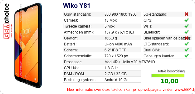 Wiko Y81 Technische gegevens Wiko Y81 Technische gegevens