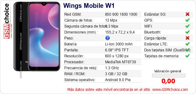 Wings Mobile W1 Datos técnicos del móvil 