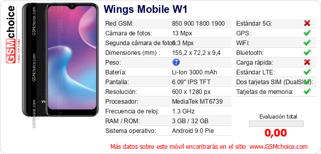 Wings Mobile W1 Datos técnicos del móvil Wings Mobile W1 Datos técnicos del móvil